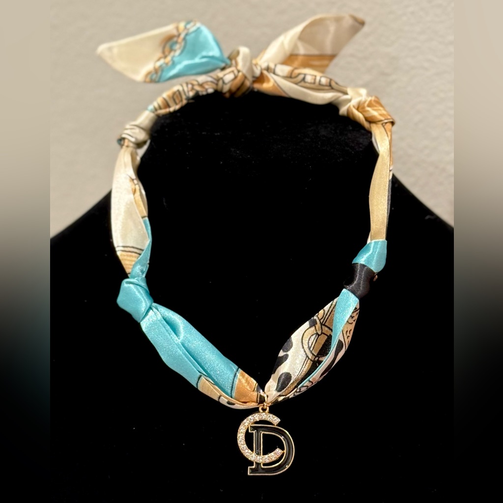 Silk Scarf Necklace With Gold Cd Repurposed Pendant